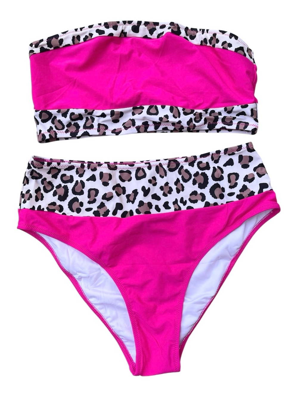 2 Piece Bandeau Top Bikini Cheetah Print Hot Pink Women’s Size M